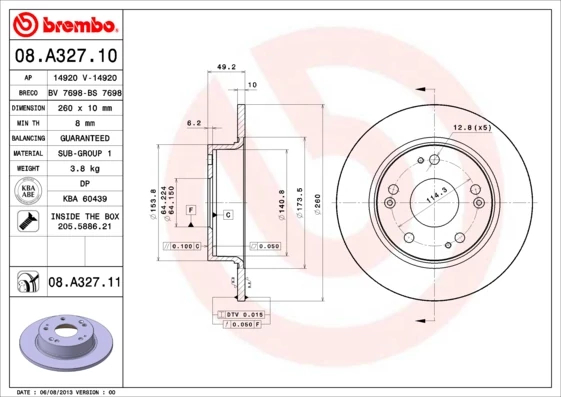 Гальмівний диск, повн., 260мм, кількість отворів 5, HONDA ACCORD задн., Brembo 08.A327.11