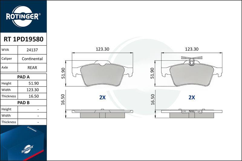 Комплект гальмівних накладок, дискове гальмо, Rotinger RT1PD19580