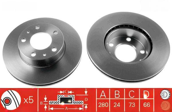 Гальмівний диск, з вентиляцією, 280мм, кількість отворів 5, CITROEN - FIAT - PEUGEOT Jumper/Jumper 27/Jumper 31/Relay/Relay 1000/Re, Trw DF2721