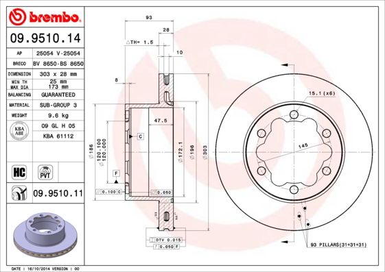 Гальмівний диск, Brembo 09.9510.14