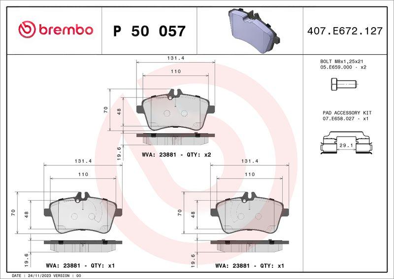 Комплект гальмівних накладок, дискове гальмо, Brembo P50057