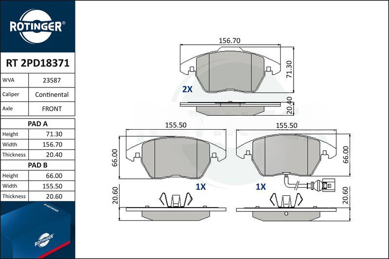 Комплект гальмівних накладок, дискове гальмо, Rotinger RT2PD18371
