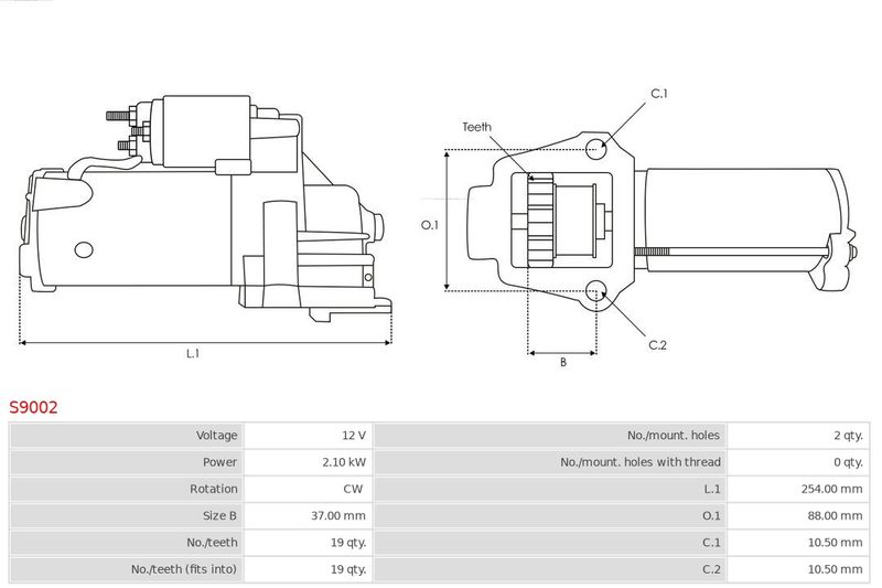 Стартер, 12В, кільк. зубц. 19, 2,10кВт, FORD MONDEO, TRANSIT 2.0TDCI 00-, JAGUAR X-TYPE 2.2D 05-, Auto Starter S9002