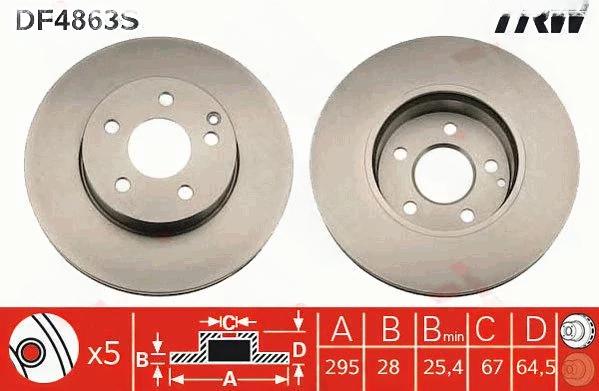 Гальмівний диск, з вентиляцією, 295мм, кількість отворів 5, MERCEDES C-KLASA W204/W212 07-, Trw DF4863S
