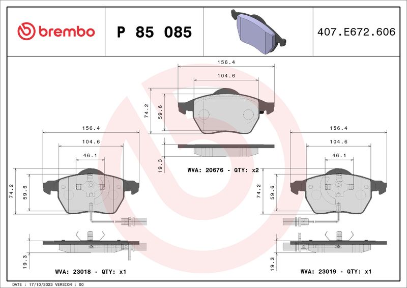 Комплект гальмівних накладок, дискове гальмо, Brembo P85085