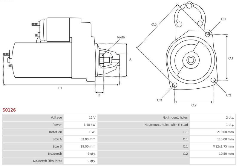 Стартер, 12В, кільк. зубц. 9, 1,10кВт, Daewoo,Opel, Auto Starter S0126