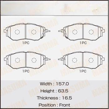 Комплект гальмівних колодок, передня вісь, 63,5мм, Subaru Forester (12-), Impreza (08-14), Legacy (09-14) (MS-7499) MASUMA, Masuma MS-7499
