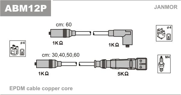 Комплект проводів високої напруги, VW Golf II 1.8 -91, Golf III 1.4 91-/Skoda Octavia 1.6 96-, Janmor ABM12P