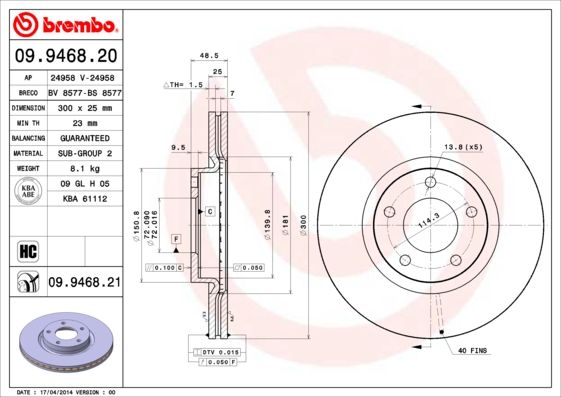 Гальмівний диск, Brembo 09.9468.20