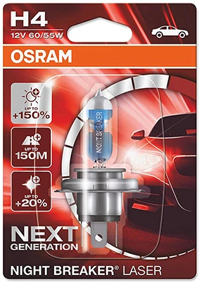 Лампа розжарювання, фара дальнього світла, 60/55Вт, h4, виконання цоколя P43t, NIGHT BREAKER LASER +150%, Osram 64193NL-01B