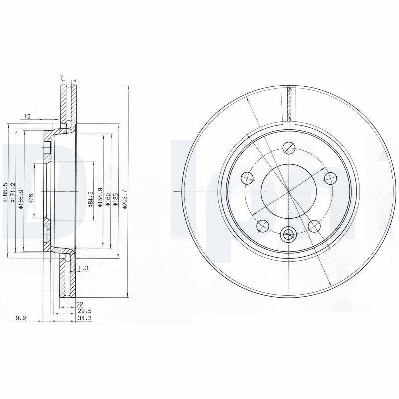 Гальмівний диск, з вентиляцією, 294мм, кількість отворів 5, VW MULTIVAN/TRANSPORTER 03- задн., Delphi BG3893