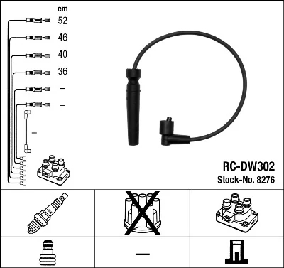 Комплект проводів високої напруги, CHEVROLET AVEO/CRUZE/KALOS/REZZO/DAEWOO KALOS/LANOS/NUBIRA/REZZO, Ngk RCDW302