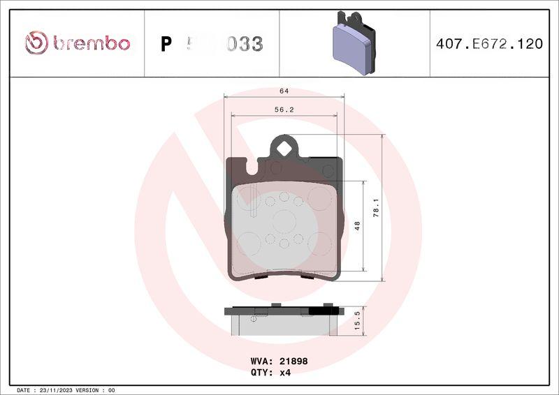 Комплект гальмівних накладок, дискове гальмо, Brembo P50033