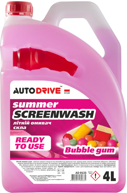 Омивач скла літній, auto drive summer screen wash bubble gum 4л., Auto Drive AD0133