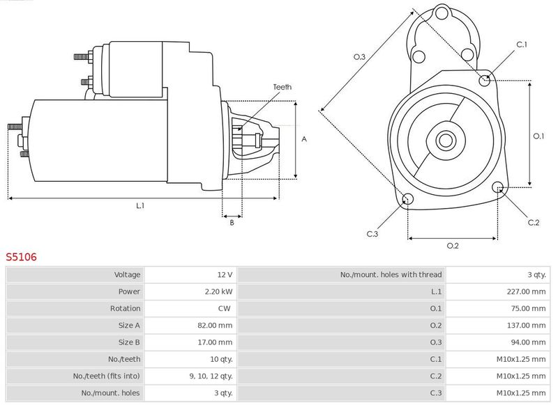 Стартер, 12В, кільк. зубц. 10, 2,20кВт, Ford,Mazda 2.2/2.5TD, Auto Starter S5106