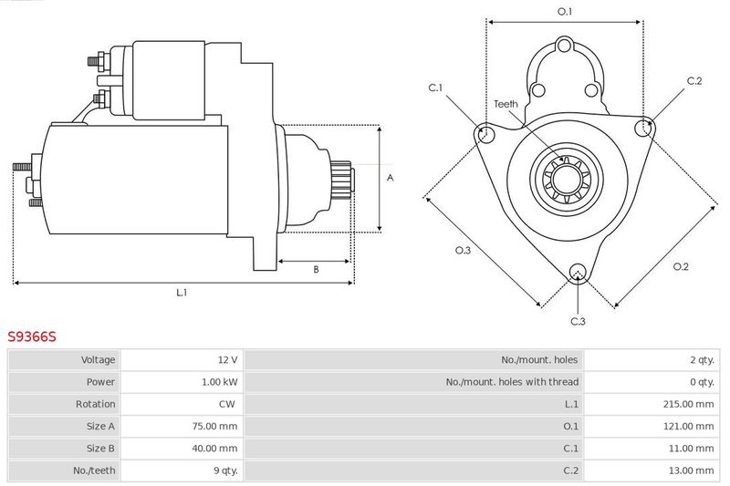 Стартер, 12В, кільк. зубц. 9, 1,00кВт, Auto Starter S9366S