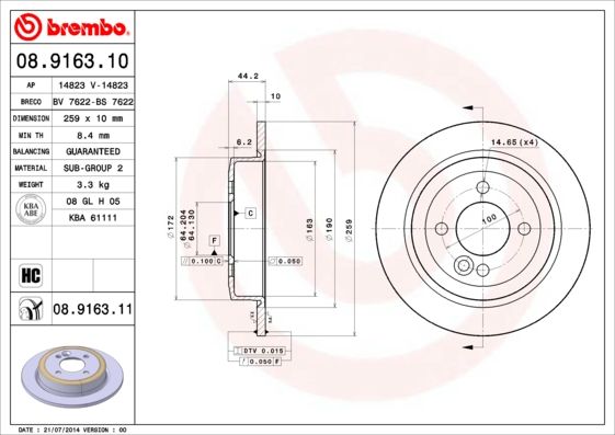 Гальмівний диск, Brembo 08.9163.10