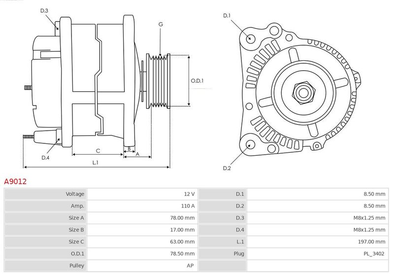 Генератор, 12В, 110А, FORD TRANSIT 1.8 TD/TDCI 02-, Auto Starter A9012