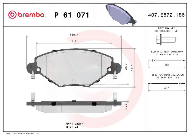 Комплект гальмівних накладок, дискове гальмо, Brembo P61071