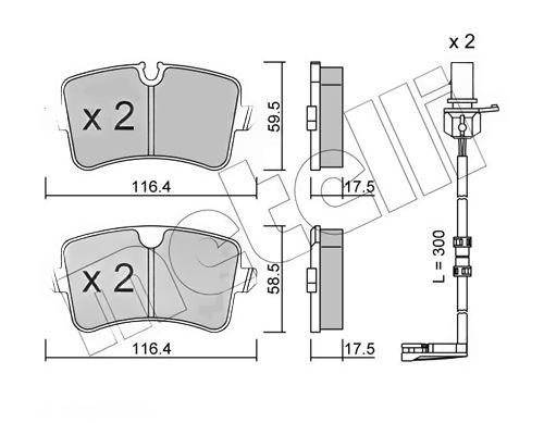 Комплект гальмівних накладок, дискове гальмо, з контактом попередження про знос, Metelli 2209551K