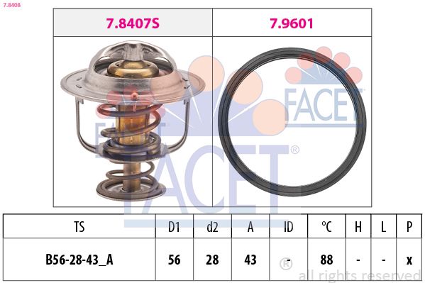 Термостат, охолоджувальна рідина, 88°C, Mitsubishi Lancer 1.6 (03-08) (7.8408) Facet, Facet 78408