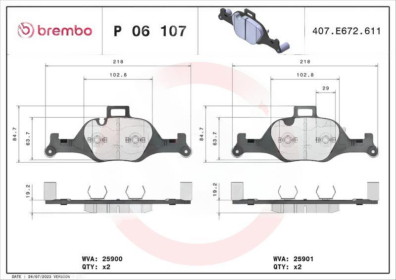 Комплект гальмівних накладок, дискове гальмо, Brembo P06107