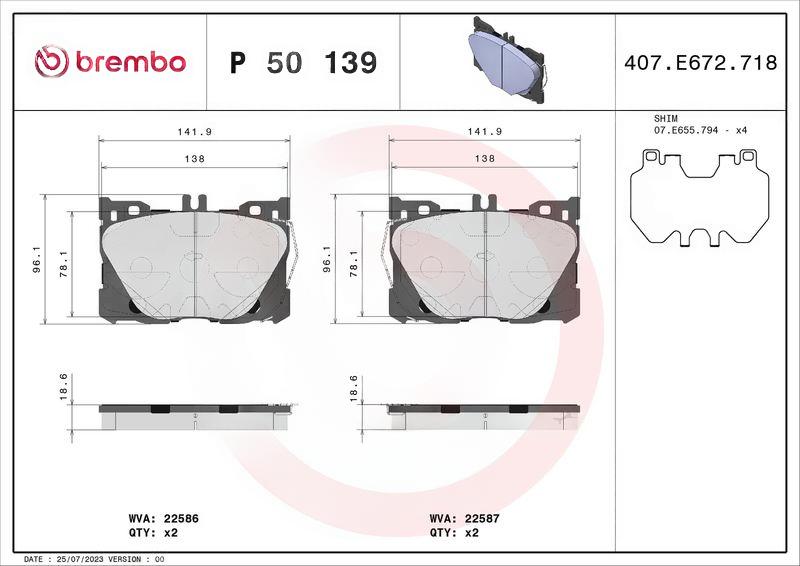 Комплект гальмівних накладок, дискове гальмо, Brembo P50139