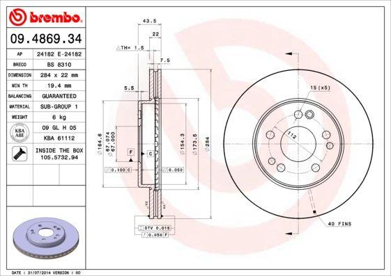 Гальмівний диск, Brembo 09.4869.34