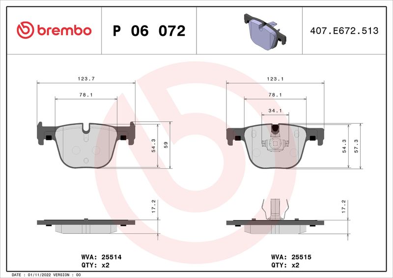 Комплект гальмівних накладок, дискове гальмо, Brembo P06072