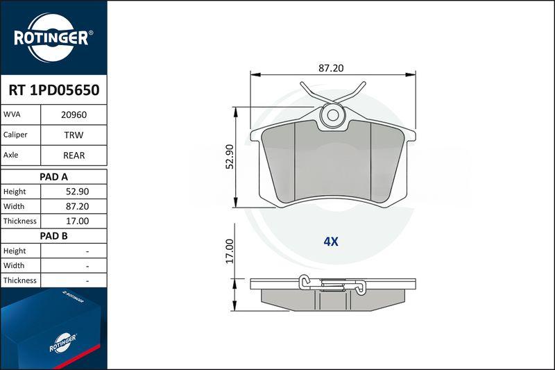 Комплект гальмівних накладок, дискове гальмо, Rotinger RT1PD05650