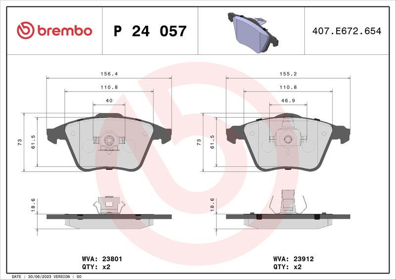 Комплект гальмівних накладок, дискове гальмо, Brembo P24057