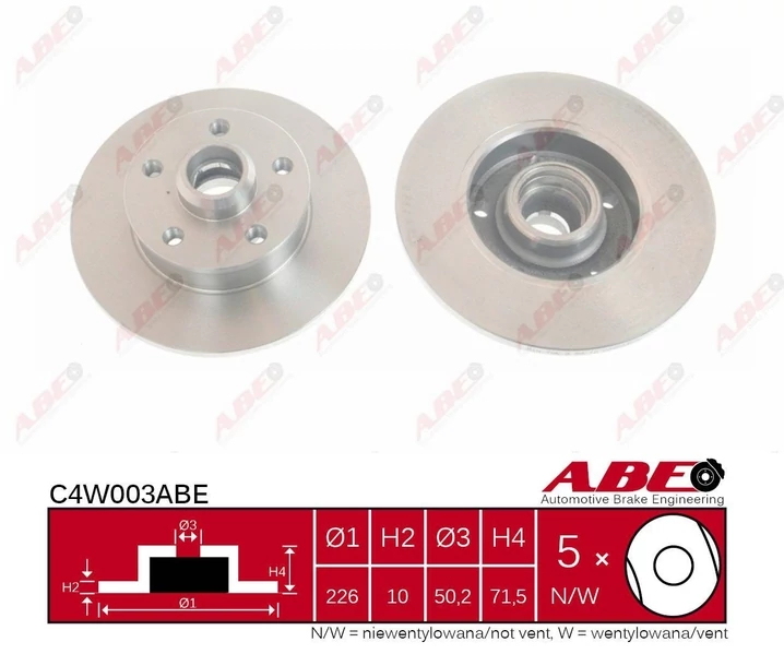 Гальмівний диск, задня вісь, повн., 226мм, кількість отворів 5, Abe C4W003ABE
