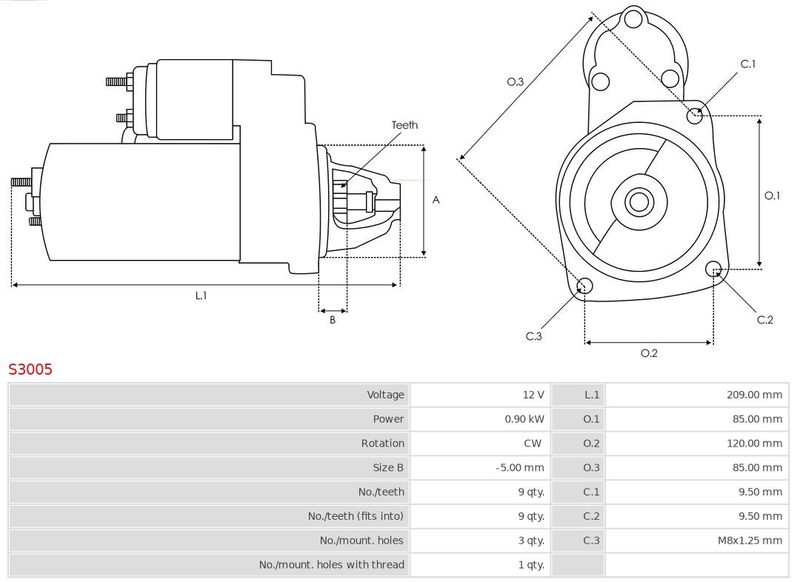 Стартер, 12В, кільк. зубц. 9, 0,90кВт, Peugeot, Auto Starter S3005