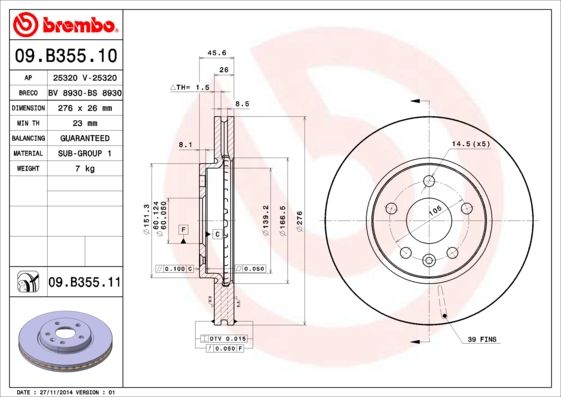 Гальмівний диск, Brembo 09.B355.10