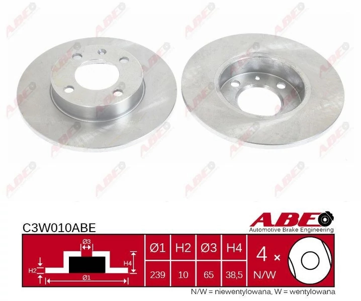 Гальмівний диск, передня вісь, повн., 239мм, кількість отворів 4, Abe C3W010ABE