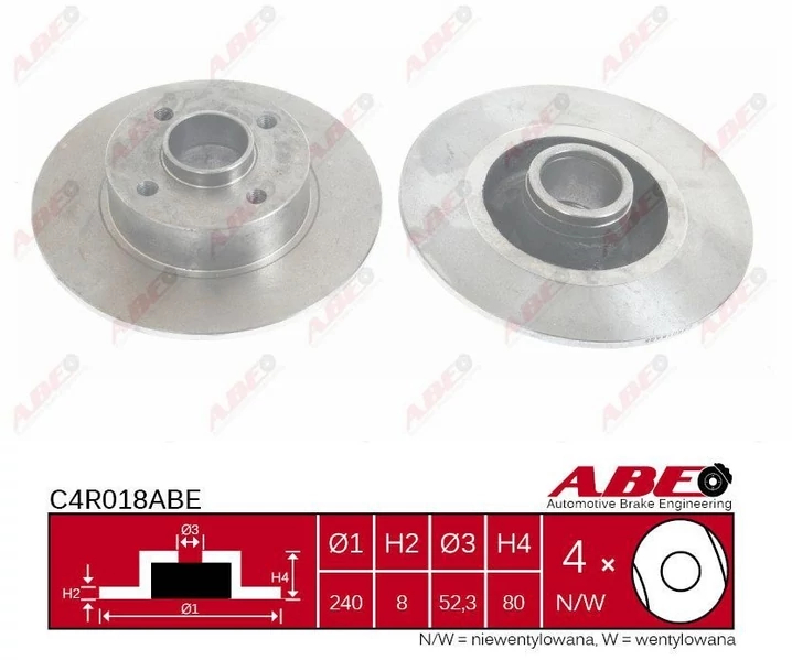 Гальмівний диск, задня вісь, повн., 240мм, кількість отворів 4, Renault Megane,Twingo задний, Abe C4R018ABE