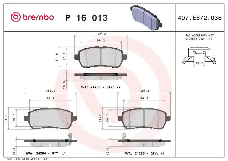 Комплект гальмівних накладок, дискове гальмо, Brembo P16013X