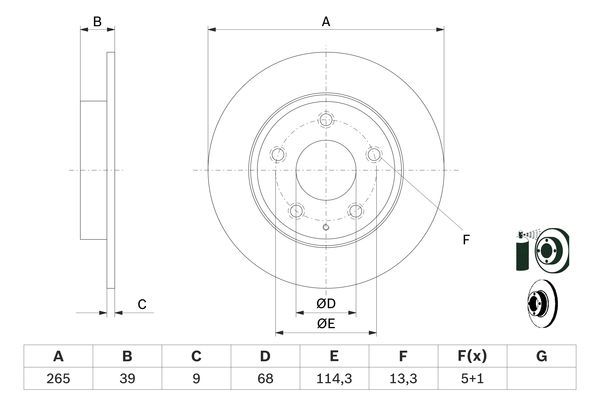 Гальмівний диск, повн., 265мм, кількість отворів 5, MAZDA 3 -19, Bosch 0986479E54