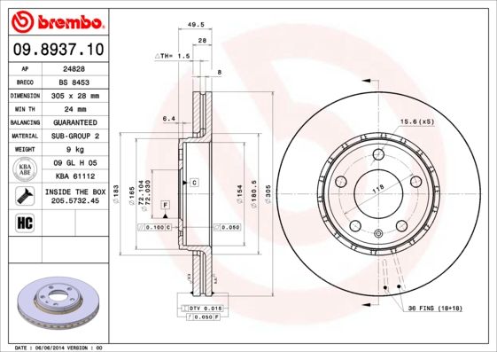 Гальмівний диск, Brembo 09893711