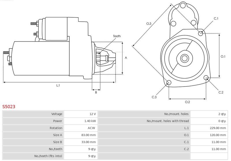 Стартер, 12В, кільк. зубц. 9, 1,40кВт, Subaru, Auto Starter S5023