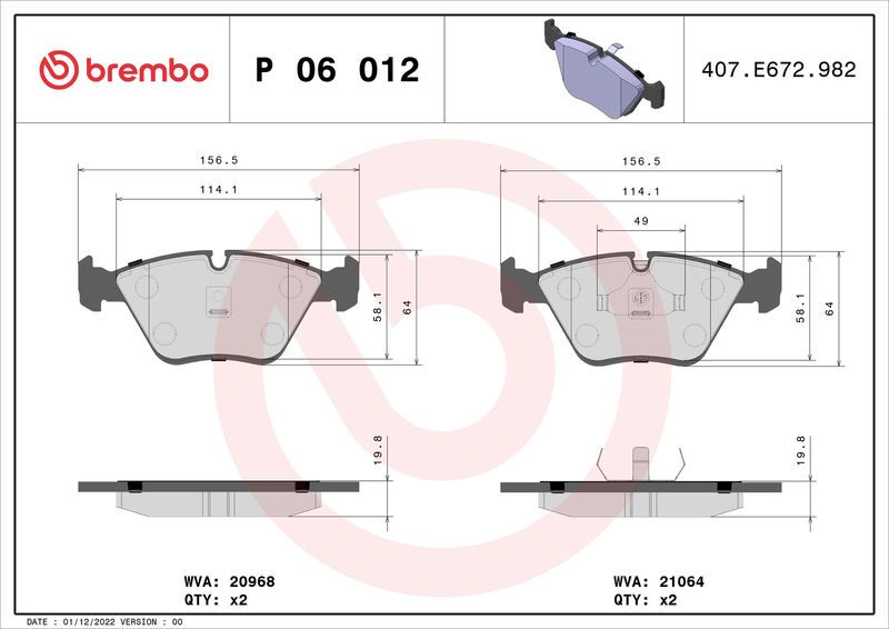 Комплект гальмівних накладок, дискове гальмо, Brembo P06012