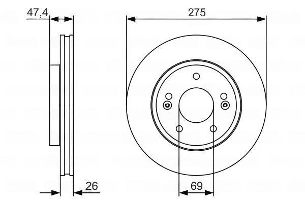 Гальмівний диск, з вентиляцією, 275мм, кількість отворів 5, HYUNDAI ELANTRA передн., вент., Bosch 0986479R26