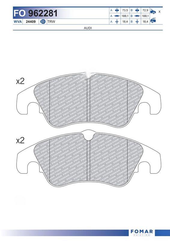 Комплект гальмівних накладок, дискове гальмо, Fomar 962281