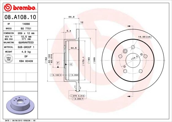 Гальмівний диск, TOYOTA CAMRY V30 -06 задн.269мм., Brembo 08.A108.10