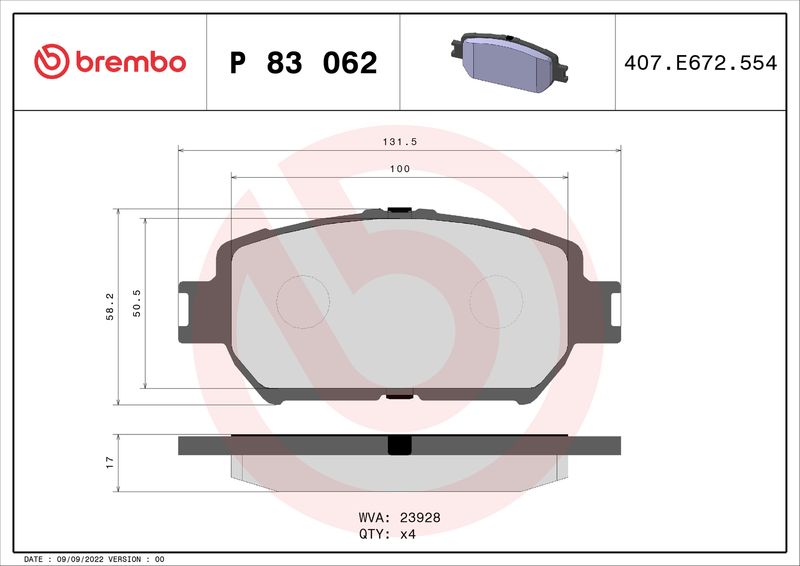 Комплект гальмівних накладок, дискове гальмо, Brembo P83062