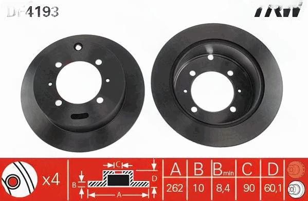 Гальмівний диск, повн., 262мм, кількість отворів 4, Mitsubishi Galant/Space Wagon 1.8I 16V,2.0I 16V,2.0TD 92- +ABS, Trw DF4193