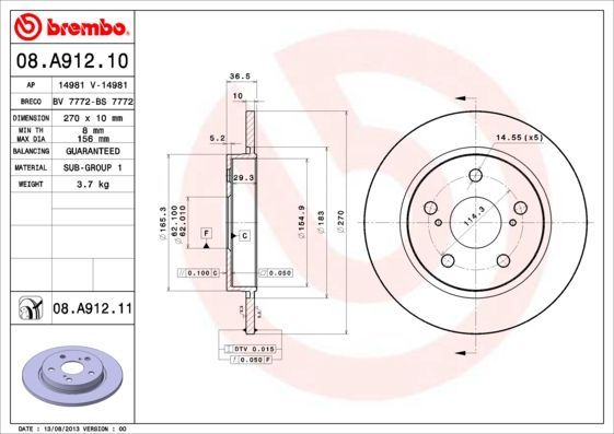 Гальмівний диск, Brembo 08.A912.10