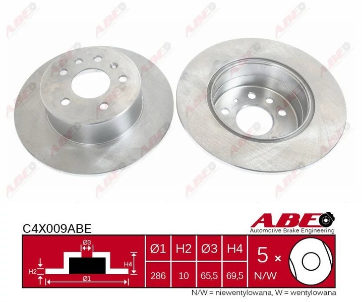 Гальмівний диск, задня вісь, повн., 286мм, кількість отворів 5, Opel Vectra B (d286x10mm), Abe C4X009ABE