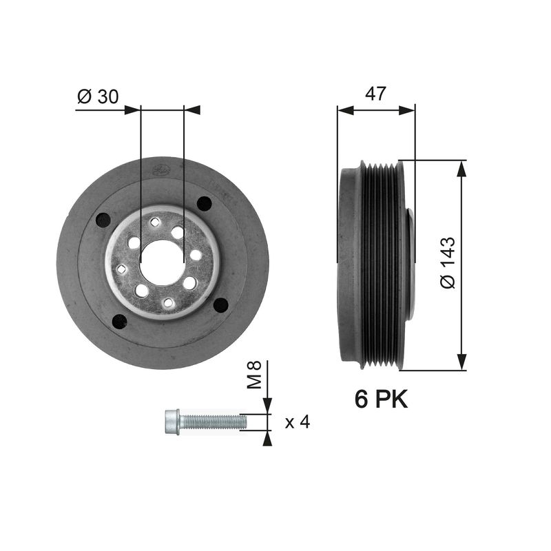 Шків, колінчатий вал, VW T5 1.9 TDI 03-09 (143x30) 6PK (AXC/AXB), Gates TVD1014A