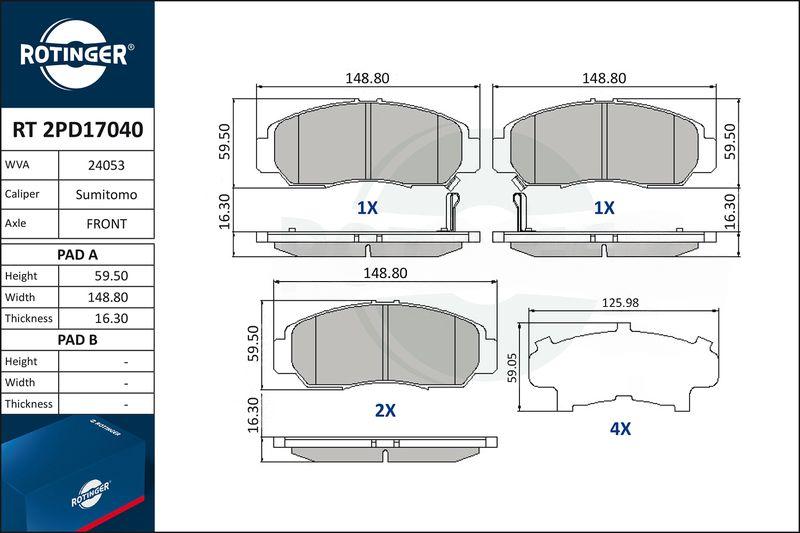 Комплект гальмівних накладок, дискове гальмо, Rotinger RT2PD17040